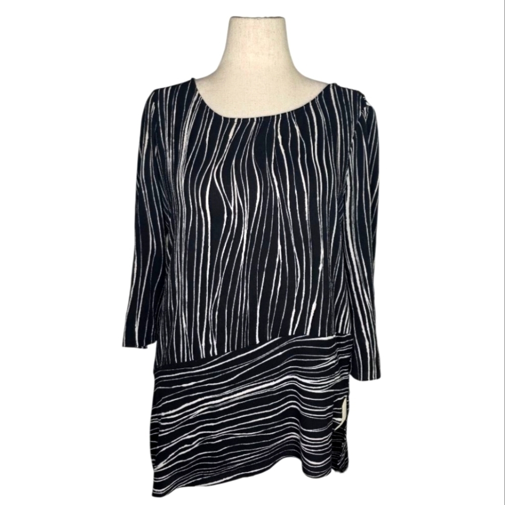 Halston Black White Stripe Asymmetric Hem Tunic / Mini Dress 3/4 Sleeve Size M